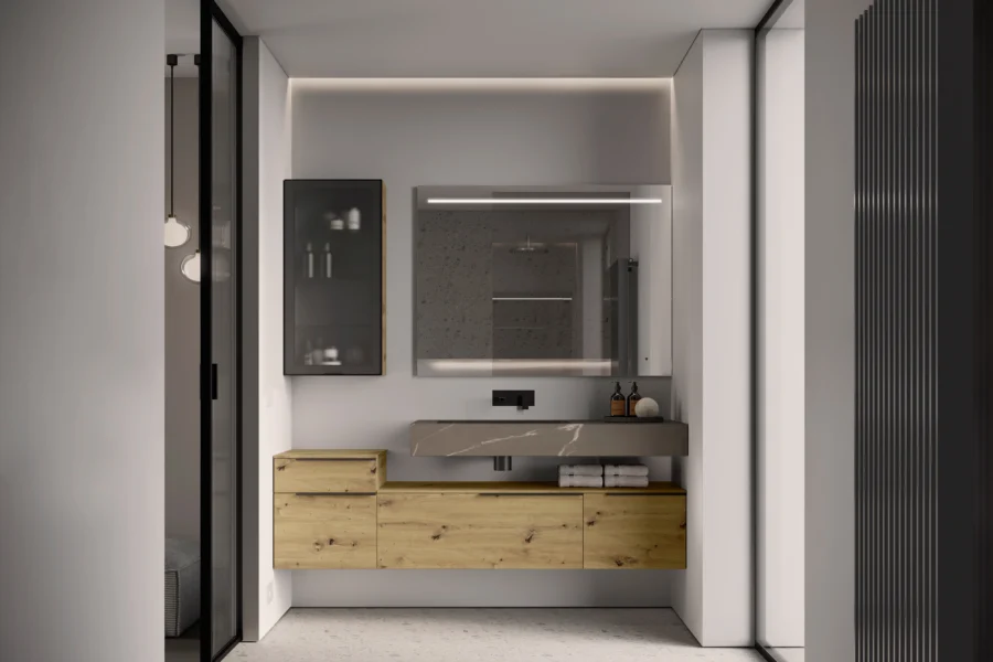 Designová koupelna My Time Ideagroup v pastelových barvách. Modulární nábytek s integrovanou úchytkou, široká paleta lakovaných povrchů a moderní keramické umyvadlo, prodejce ASSO Praha