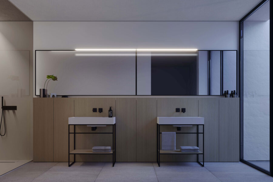 Industriální koupelnový nábytek Dogma Ideagroup. Otevřená kovová hliníková konstrukce, deska z přírodního mramoru, minimalistické umyvadlo na desku. Architektonické řešení koupelny v kombinaci kovu a kamene