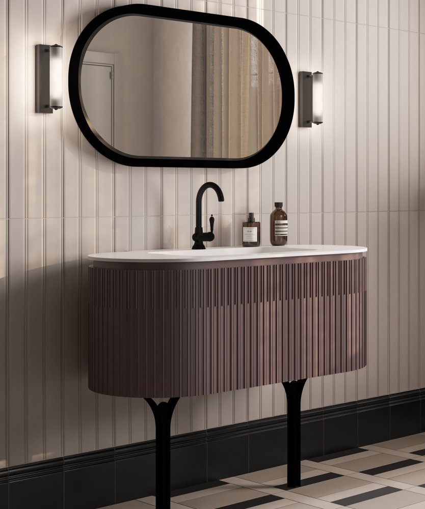 Koupelnový solitér Gaia Mobili Dorico inspirovaný dórskými sloupy. Rýhovaná skříňka s vertikální texturou, skleněnou deskou a symetrickým designem v neoklasicistním stylu.